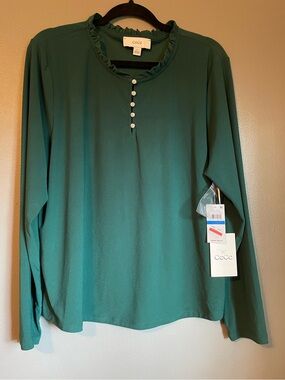 NWT CeCe Sz XL Women’s Long Sleeve Gem Button Ruffle Blouse Top Shirt Ret $69!
